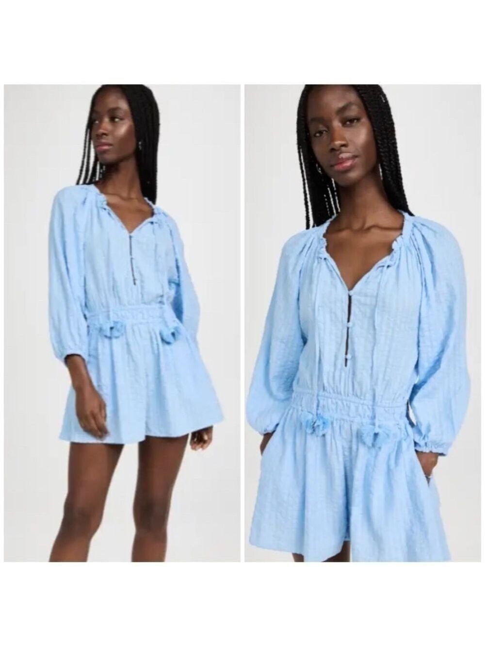 Tanya Taylor Vanna Ballon Sleeve Romper in Horizon Blue